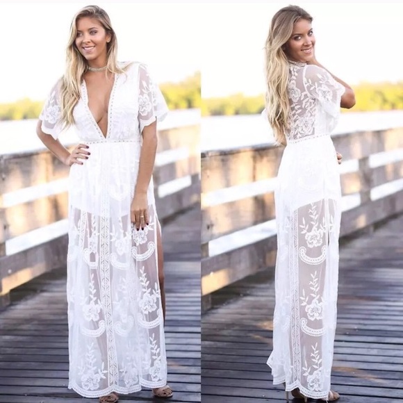 boho white lace maxi dress